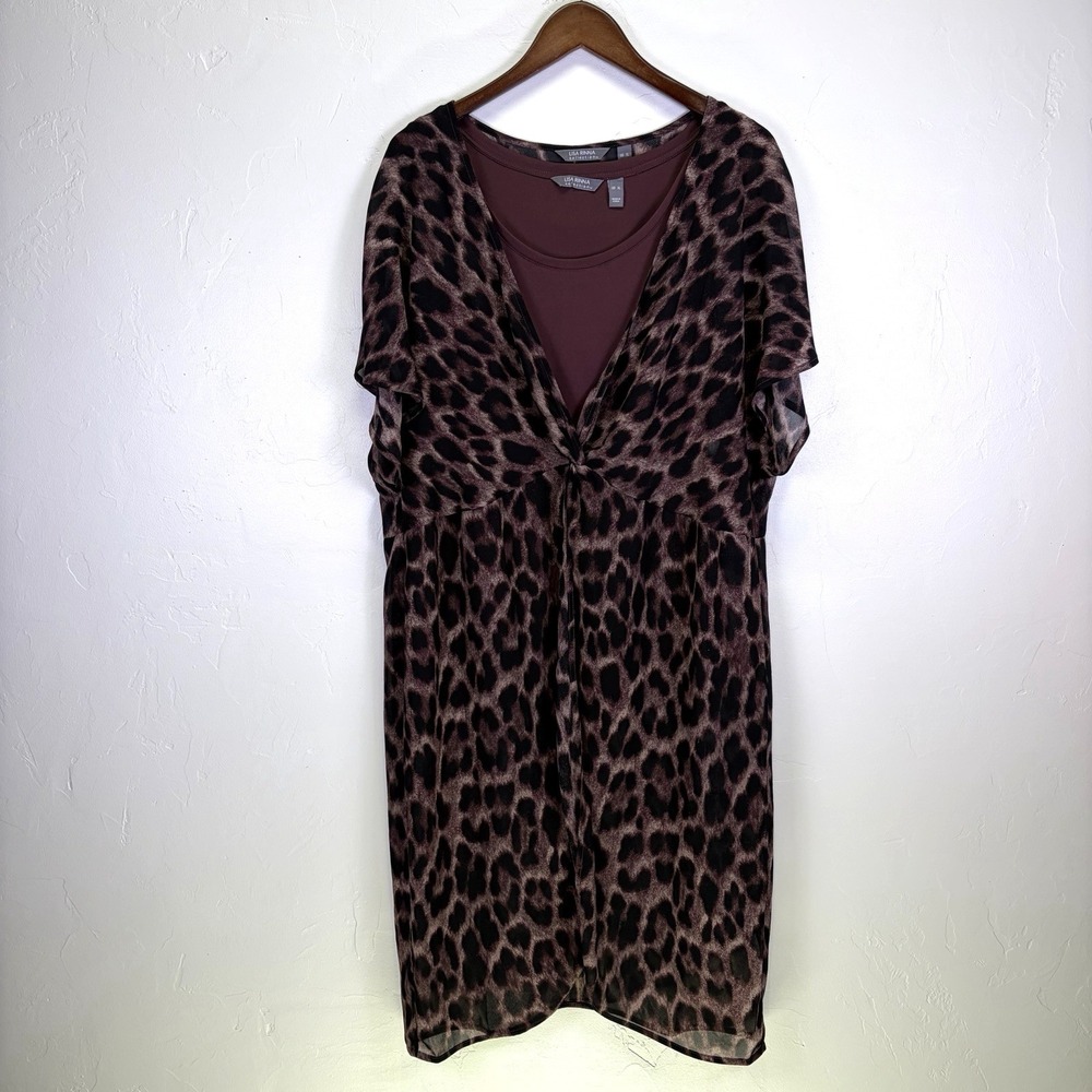 Lisa Rinna Woman's Front Knot Duster Tunic Size XL Burgundy Brown Cheetah Print